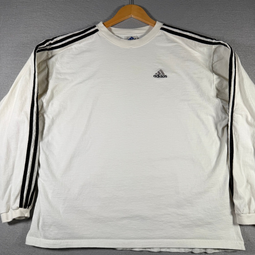 Adidas Vintage 90s Long Sleeve T-Shirt White Black 3 Stripe Made in USA Mens L‎